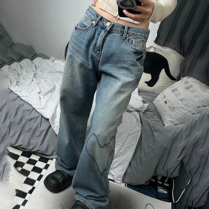 LIZAKOSHT  -  Printed Straight-leg Jeans For Women In Spring, High-waisted And Slim, wide-leg Printed Retro Loose Jeans For Women