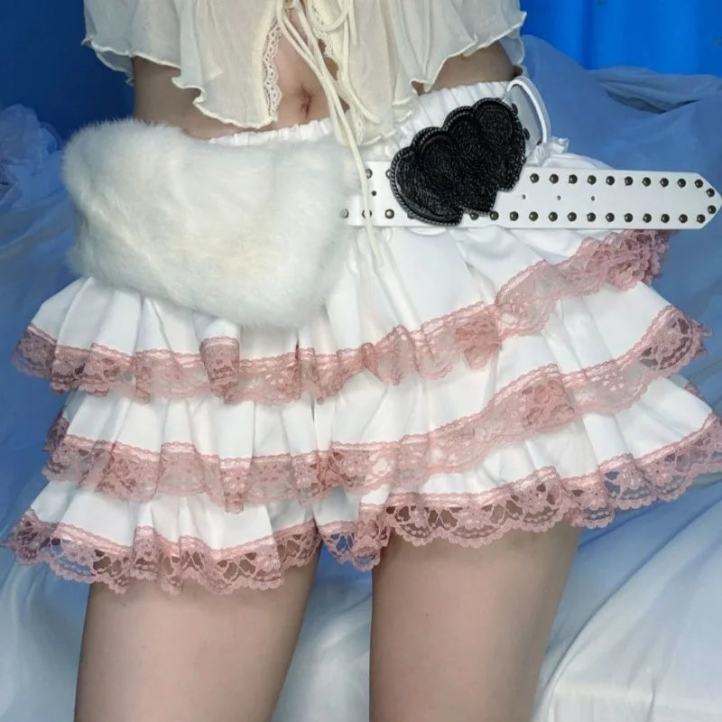 LIZAKOSHT  -  Lace Ruffles Mini Skirts Japanese Style Y2k Clothes Spring Autumn Women Skirt Sexy Vintage High Waist Ropa Mujer