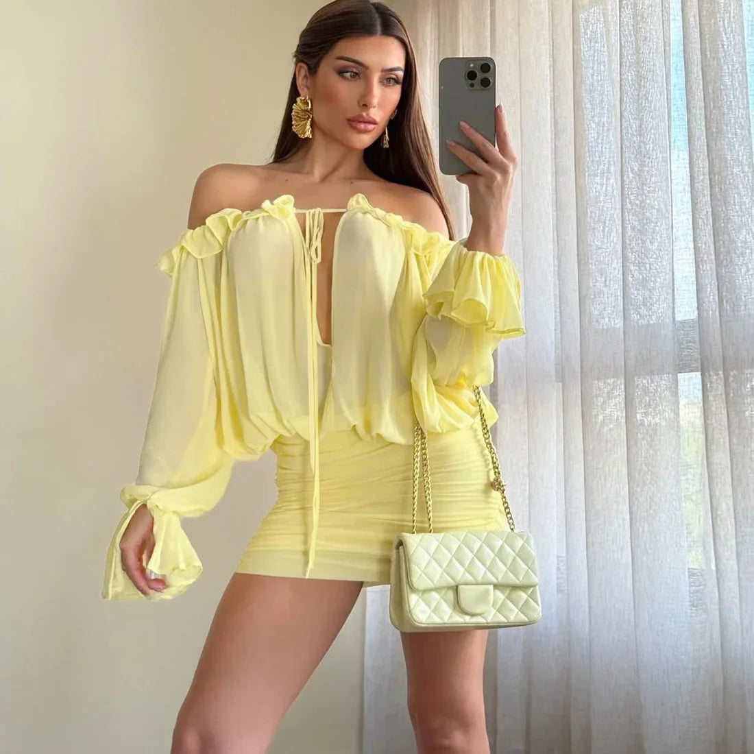 LIZAKOSHT  -  Elegant Sexy Yellow Ruffles Ruched Boydcon Mini Dress Women Lace Up Slash Neck Off Shoulder Flare Long Sleeve Party Clubwear