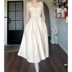 LIZAKOSHT  -  Summer Champagne Bow A Line Dress Women Elegant Slim Waist Party Dress