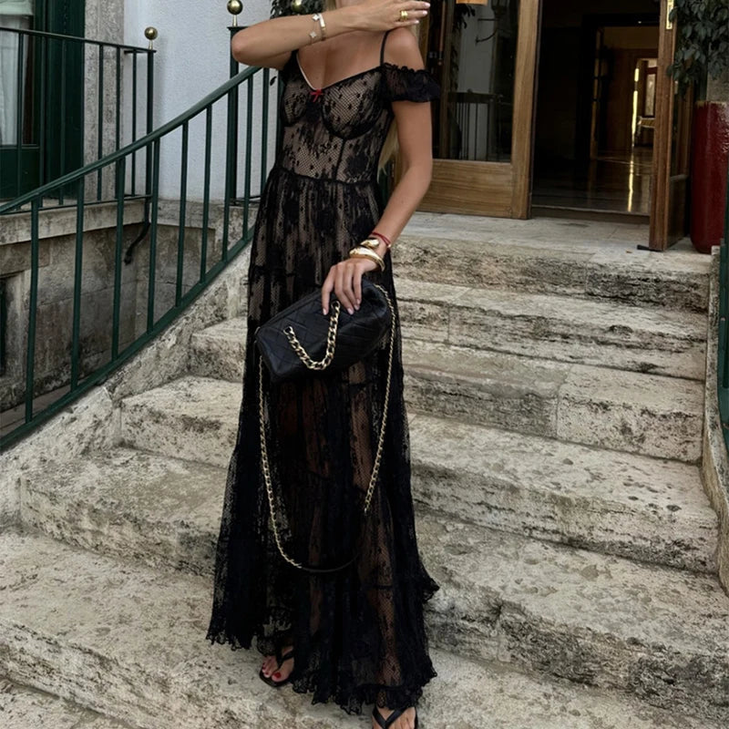 LIZAKOSHT  -  French Style Lace Solid Color Evening Dress Summer New Slash Collar Garden Party Dress Elegant High Waist Pleated Banquet Dress