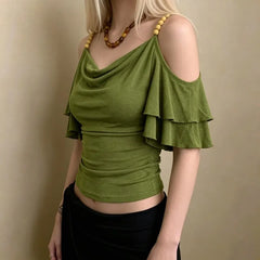 LIZAKOSHT  -  Vintage Vibe Beading Sling Off The Shoulder T Shirts Y2k Fashion Ruffle Short Sleeve Slim Women Clothes High Street Casual Tops