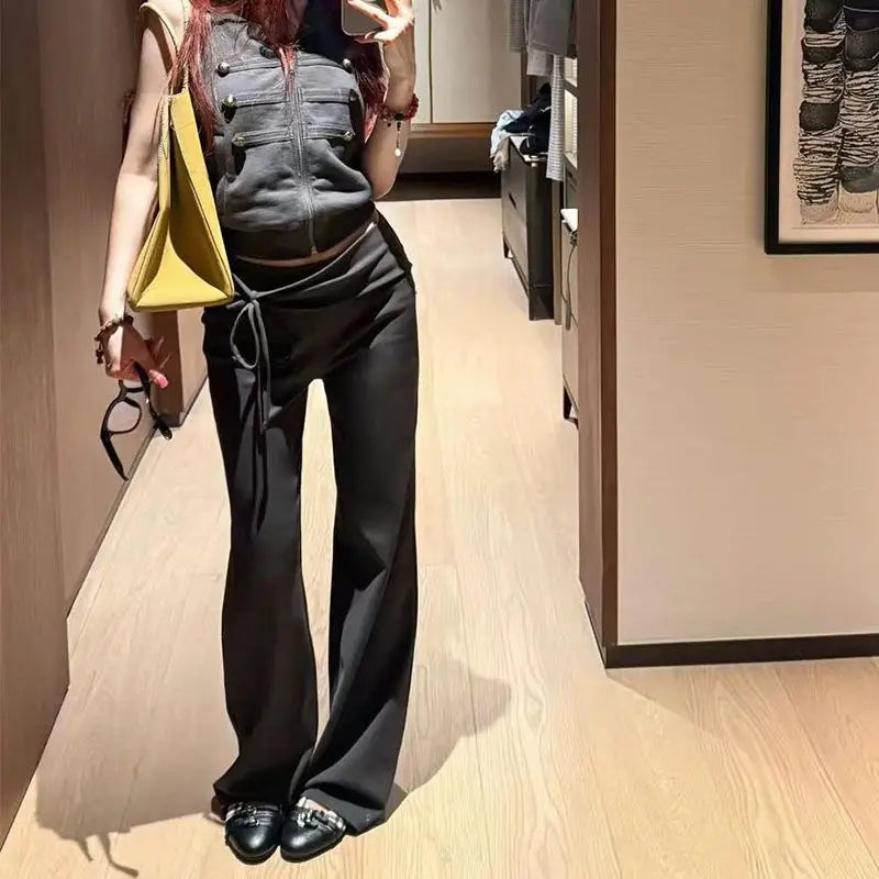 LIZAKOSHT  -   Korean Style Elegant Women Pants Baggy Lace Up Ruffles Sexy Low Waist Slim Casual Trousers Coquette Straight Pantalones