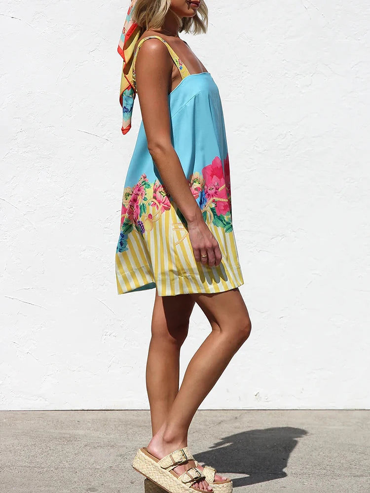 LIZAKOSHT  -  Leisure vacation style cute printed mini camisole dress fashionable daily sweet girl dopamine style camisole dress