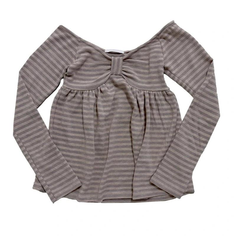 LIZAKOSHT  -  Spring Autumn T Shirt for Women Bows Stripes Y2k Clothes Ropa De Mujer Japanese Style Vintage Slash Neck Tees