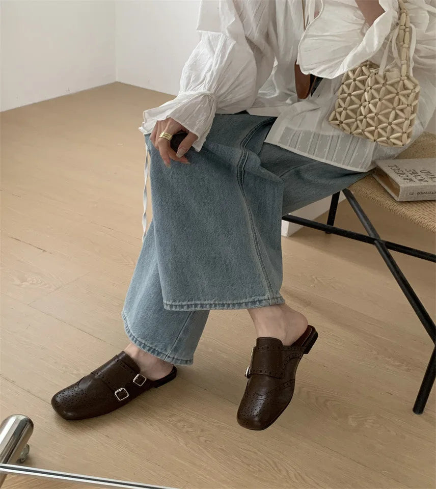 LIZAKOSHT  -  retro hollow out leather slippers women square toe double buckle sandals flat heel cutout mules shoes for woman sandalias mujer