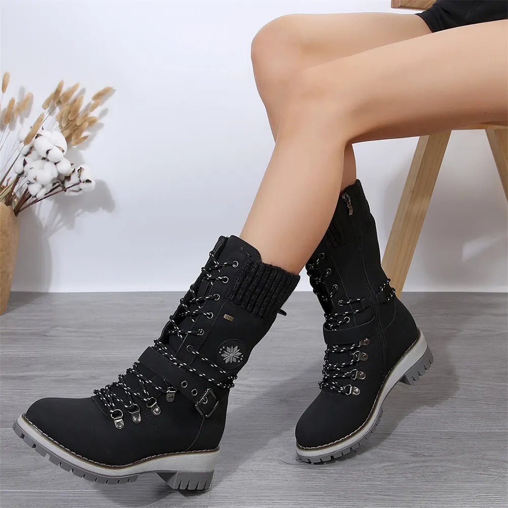 LIZAKOSHT  -  Plus Size 43 Women's Fashion Thermal Mid Calf Boots Knitted Splicing Lace Up Side Zipper Winter Boots Wedges heels Outdoor Boots