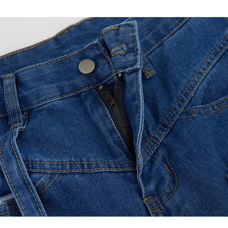 LIZAKOSHT  -  Vintage Washed Distressed Multi-pocket Cargo Pants Women Spring New High Waist All Match Casual Blue Wide Leg Jeans