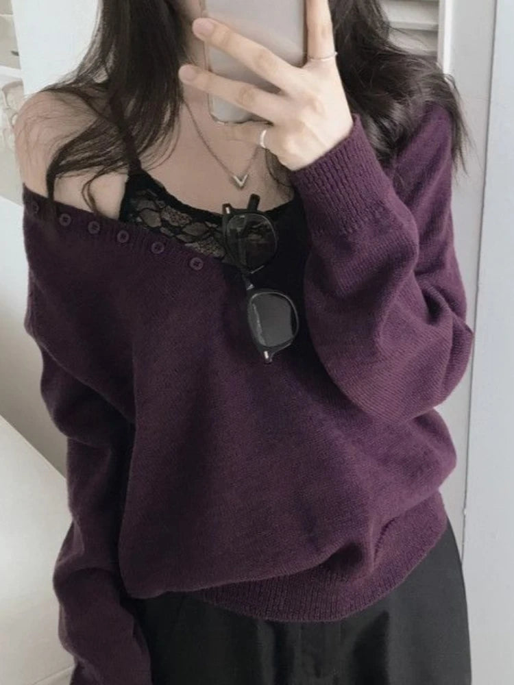 LIZAKOSHT  -  Streetwear Vintage Solid Knitted Grunge Sweaters Y2k Aesthetic Loose Casual Pullovers Women Harajuku Autumn Button Jumpers