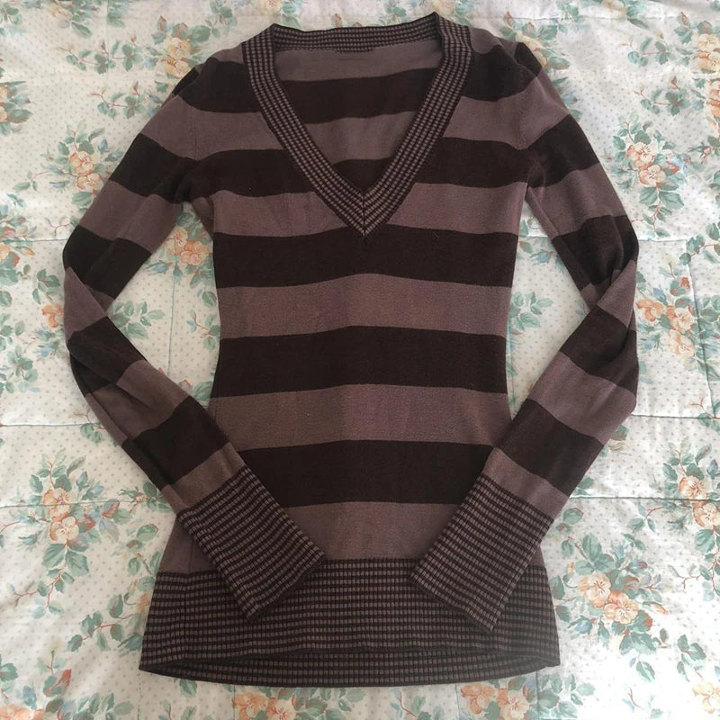 LIZAKOSHT  -  Grunge Fairy 90s Vintage Striped T-shirt Autumn Spring V Neck Long Sleeve Tops Y2K Chic Women Retro Knitted Sweater Tees Top