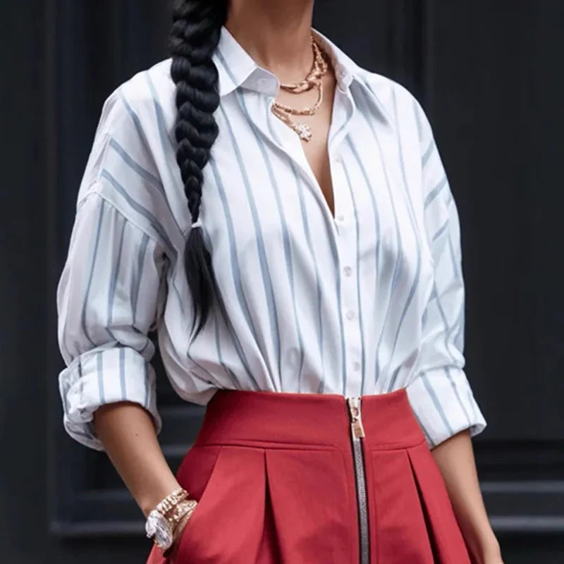 LIZAKOSHT  -  Elegant Striped Print Commuter Shirt Women's Fashion Lapel Long Sleeve Loose Cardigan Tops 2025 Casual Button Commuter Blouses