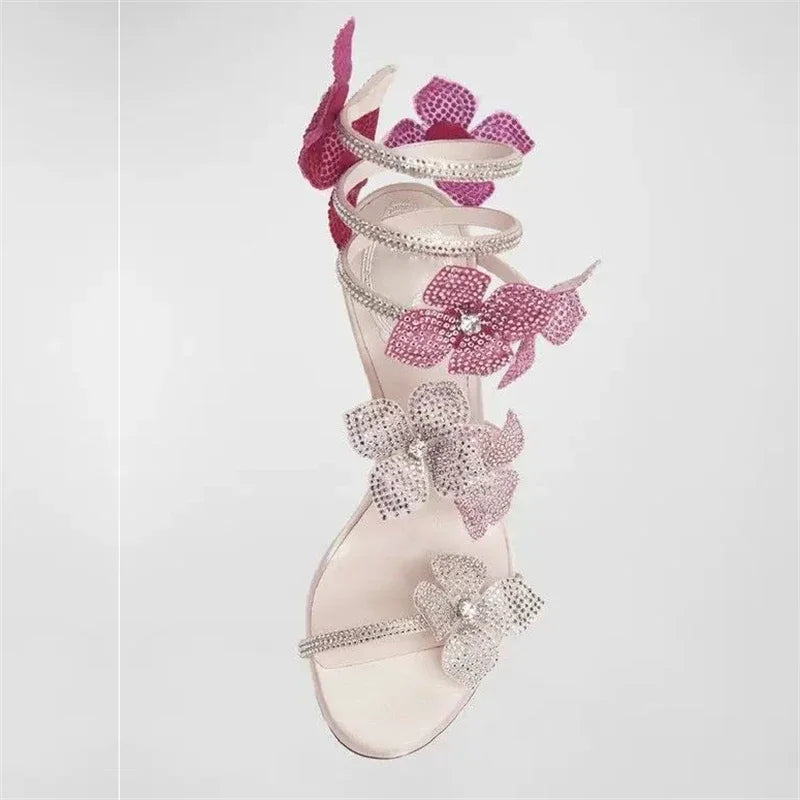 LIZAKOSHT  -  Sexy CRYSTAL Flower Thin High Heels Women Sandals Street Style Narrow Band Ankle Strap Pole Dancing Ladies Shoes