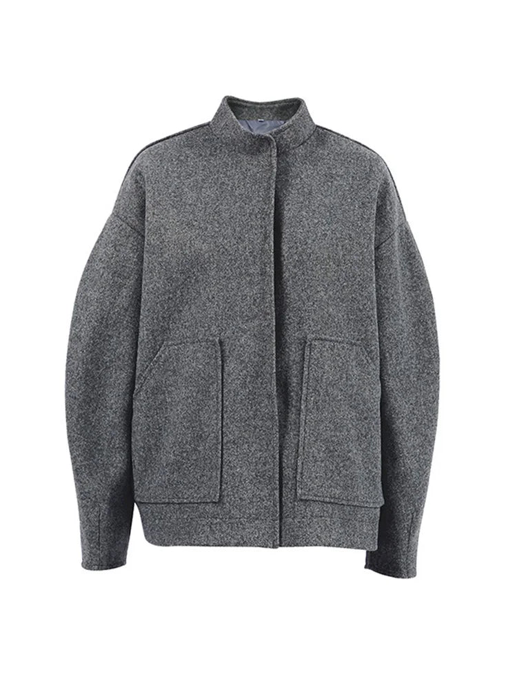 LIZAKOSHT  -  Women Thick Street Wear Lining Outerwear Female Long Sleeve Button Patchwork Coats Big Pockets Casual Solid Grey Jackets