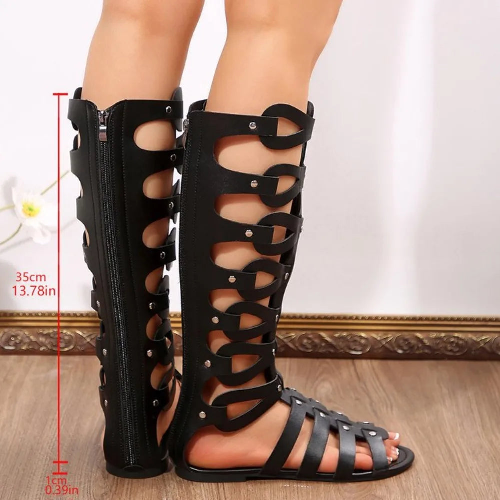 LIZAKOSHT  -  Women Summer Cool Boots Sexy Open Toe Cut-out Gladiator Flat Fashion Rome Back Zipper Street Style Sandals Shoes
