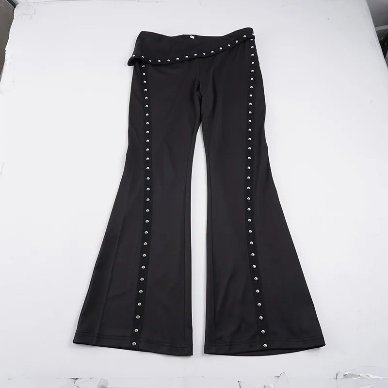 LIZAKOSHT  -  Personality Low Sken Waist Lrregular High Street Women Pant Y2k Gothicn High Street Rivet Nail Long Flare Pants Casual Trousers