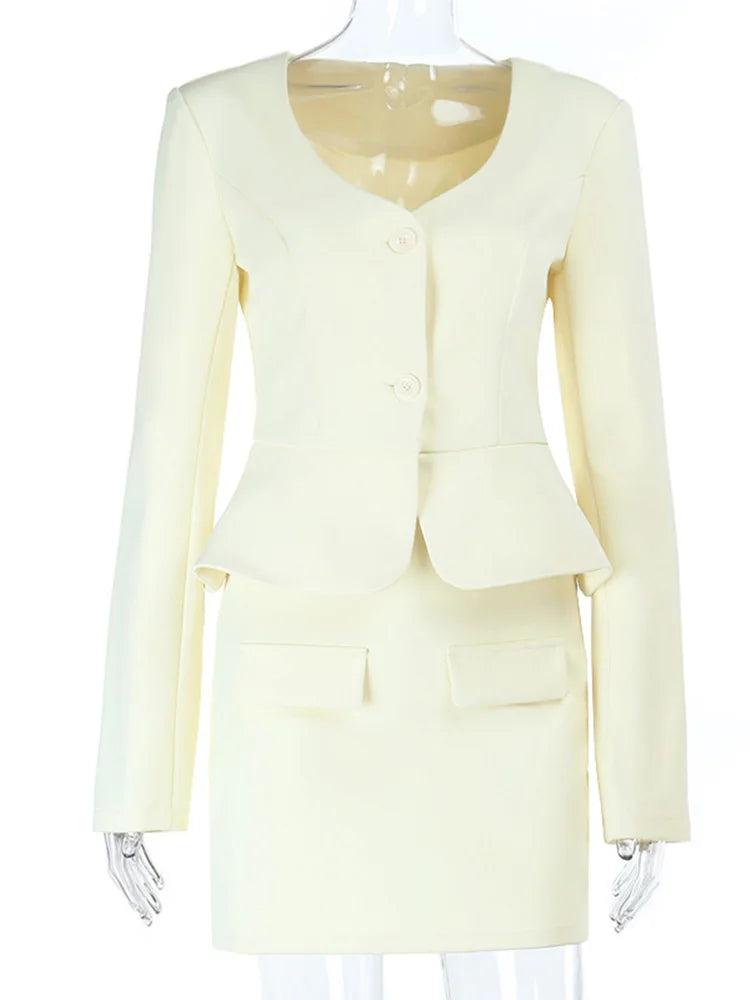 LIZAKOSHT  -  Skirt And Blazer 2 Piece Sets For Women Autumn V Neck Short Jacket Coats Femme Office Commuting Slim Mini Skirt Suits