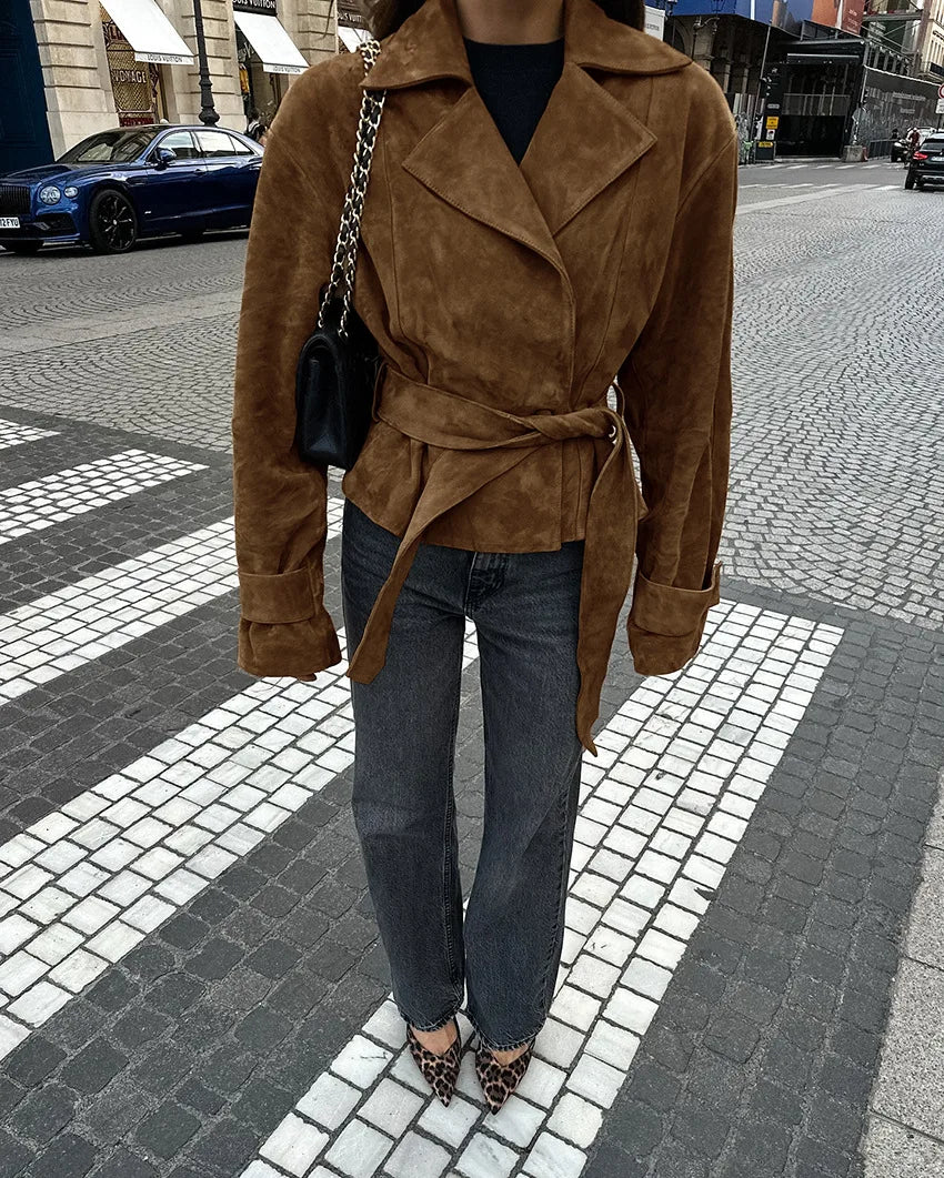 LIZAKOSHT  -  Vintage Suede Coats Women Aututmn Winter Turn-down Collar Brown Outerwears with Belt Office Lady Double Breasted Jackets