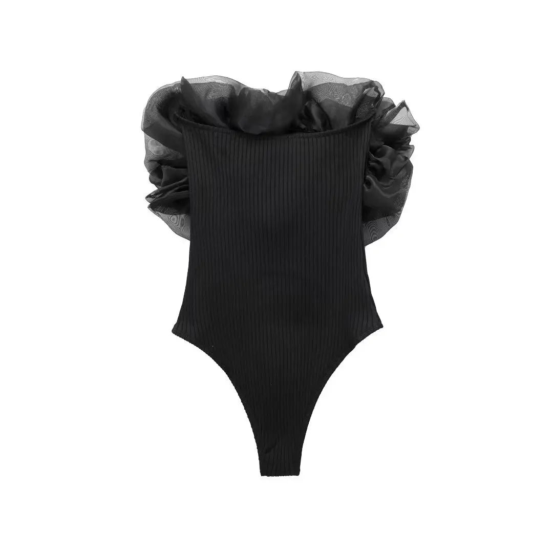 LIZAKOSHT  -  Summer White Organza Bodycon Bodysuit Sexy Rib Rompertjes Skinny Women Streetwear Black Jumpsuits Women Rompers
