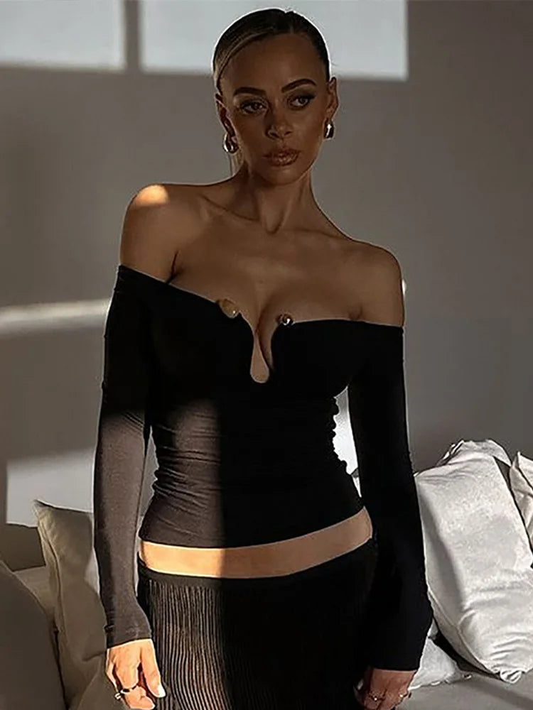 LIZAKOSHT  -  Off-shoulder U-shape Button Women's Tops Tight Long Sleeve Solid Color Short Pullover Fashion Elegant Sexy Casual Ladies Tops