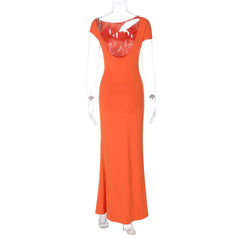 LIZAKOSHT  -  Women Clothing Spring Summer New Fashion Sexy Hollow Out Backless High Waist Solid Color Short Sleeve Party Dresses