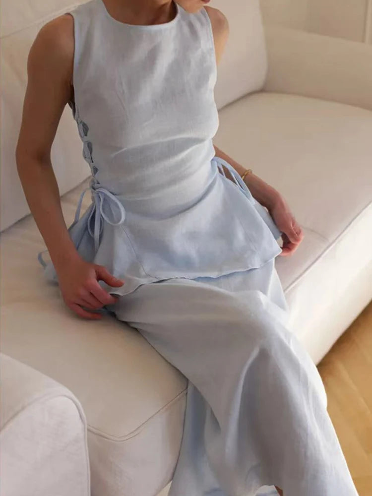 LIZAKOSHT  -  Casual O-Neck Sleeveless Lotus Leaf Swing Outfit Lady Elegant Side Tie Up Vest+Skirt 2pc Set Chic Solid Waist Cinch Commute Suit