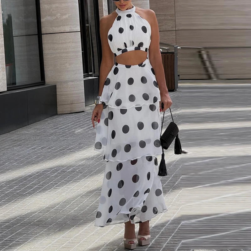 LIZAKOSHT  -  Polka Dot Print Holiday Skirt Outfits Sexy Halter Sleeveless Top & Layered Ruffle Skirt Set Women Elegant Luxury Slim 2Pc Suits