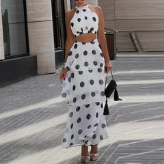 LIZAKOSHT  -  Polka Dot Print Holiday Skirt Outfits Sexy Halter Sleeveless Top & Layered Ruffle Skirt Set Women Elegant Luxury Slim 2Pc Suits