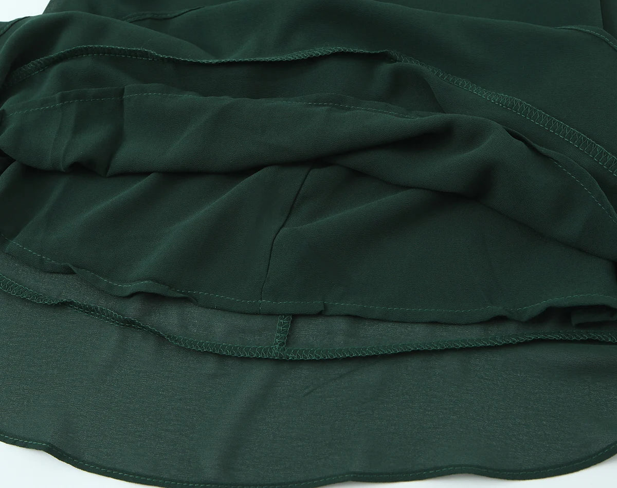 LIZAKOSHT  -  French Style Retro Dark Green V neck Corset Style Sling Dress Women Elastic Back Ruffles Hem Short Dresses Summer Robe Vestidos
