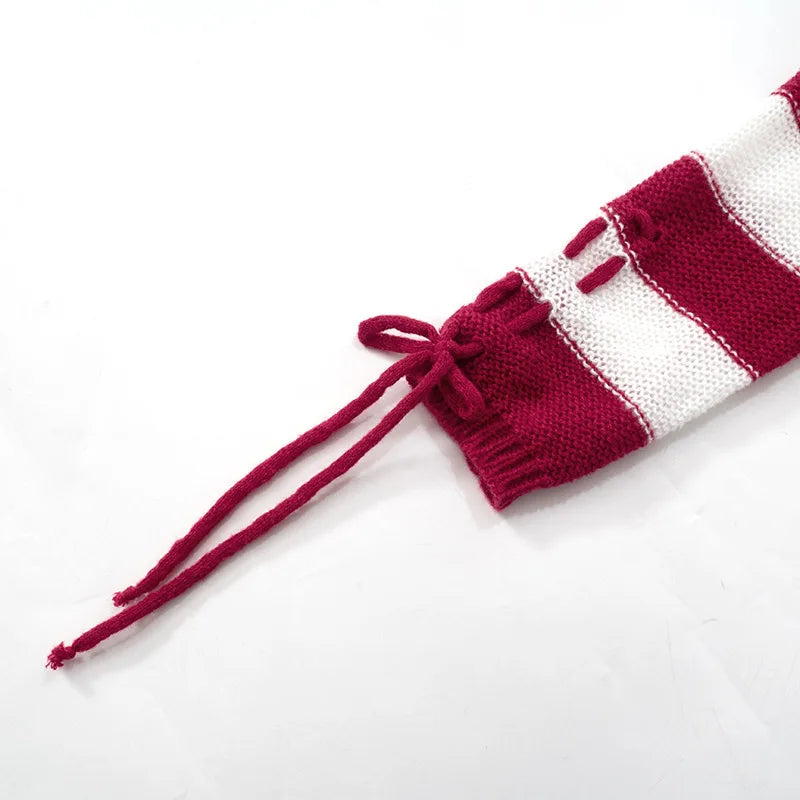 LIZAKOSHT  -  Knitted Sexy Off Shoulder Striped Women Sweater Red Long Sleeve Lace Up Sweater Female Autumn New Casual Streetwear