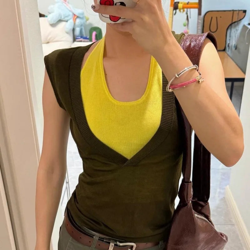 LIZAKOSHT  -  Tank Tops Women Patchwork Bandage Fake Two Piece Halter Slim Stretch Y2k Top Summer Fashion Sexy Camis Ladies Club
