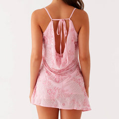 LIZAKOSHT  -  Women Summer Fashion Sleeveless Swing Collar Back Bandage Mini Dresses Flower Sequins Beaded Embroidery Cowl Neck Cami Dress