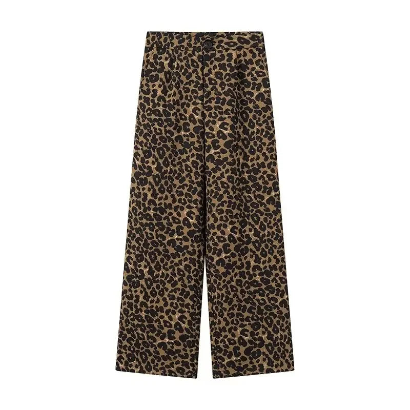 LIZAKOSHT  -  Fashion Leopard Print Women Pants Female High Waist Wide Leg Slacks Ladies Chic and Elegant Casual Trousers New In