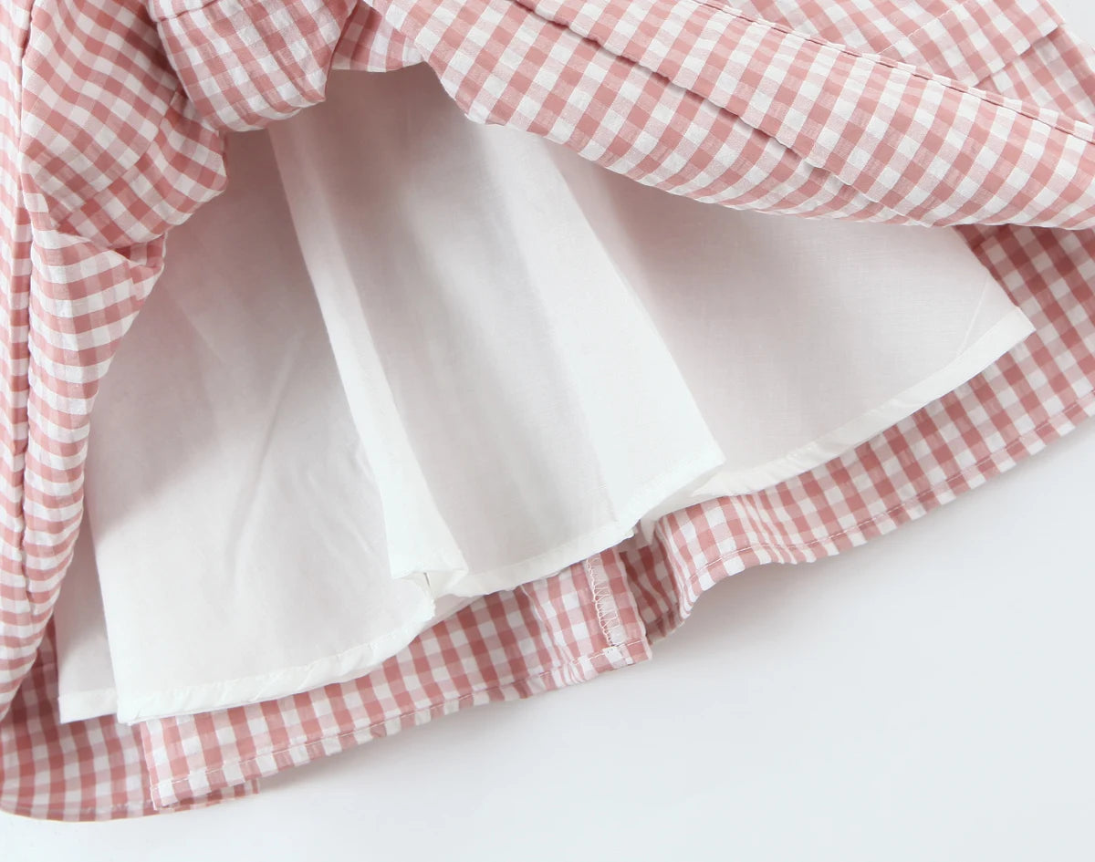 LIZAKOSHT  -  Sweet Pink Plaid Print Bow V neck Short Puff Sleeve Dress Women Low Waist Spliced Ruched Swing Ball Gown Vestidos Femme Robe
