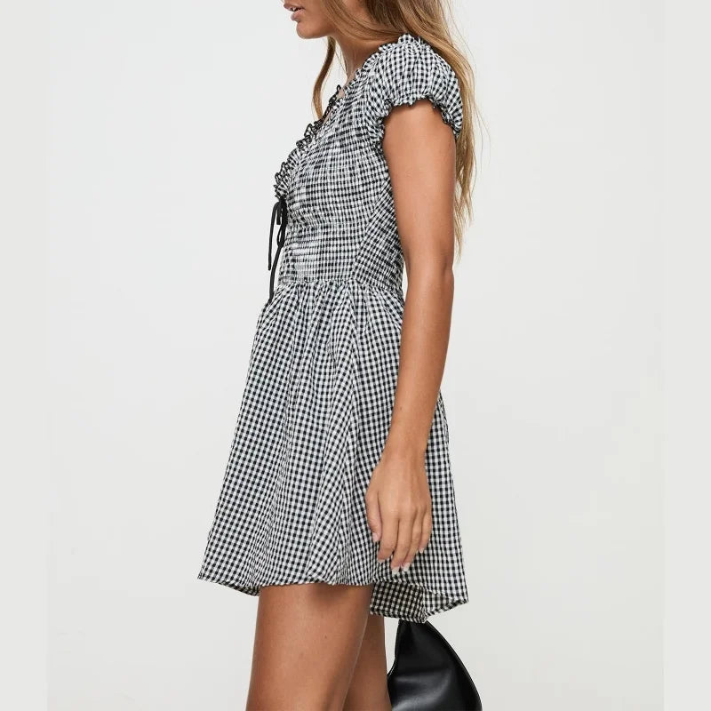 LIZAKOSHT  -  Summer Playsuit Women y2k Clothes Plaid Print Deep V Neck Short Sleeve High Waist Short Jumpsuit 2000s Streetwear