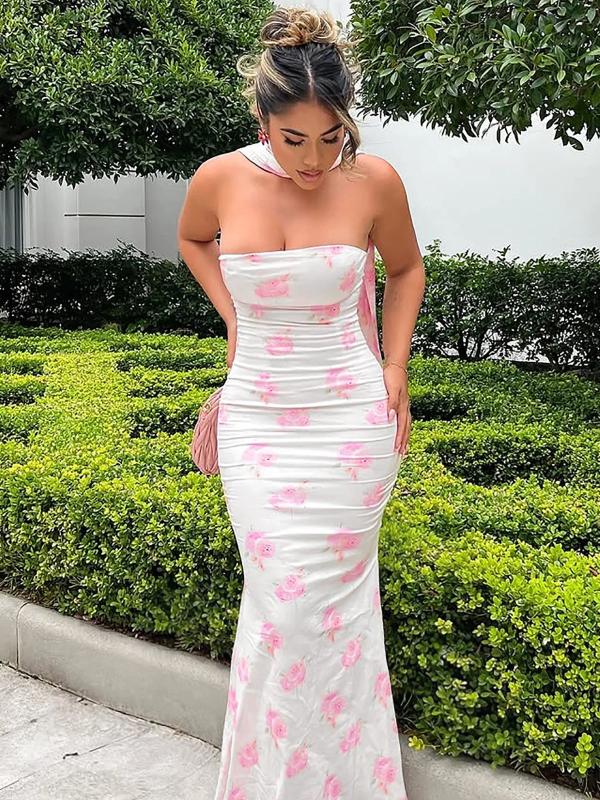 LIZAKOSHT  -  Elegant Floral Print Strapless Ribbon Sexy Bodycon Maxi Prom Dress Summer Women Clothes Birthday Party Festival