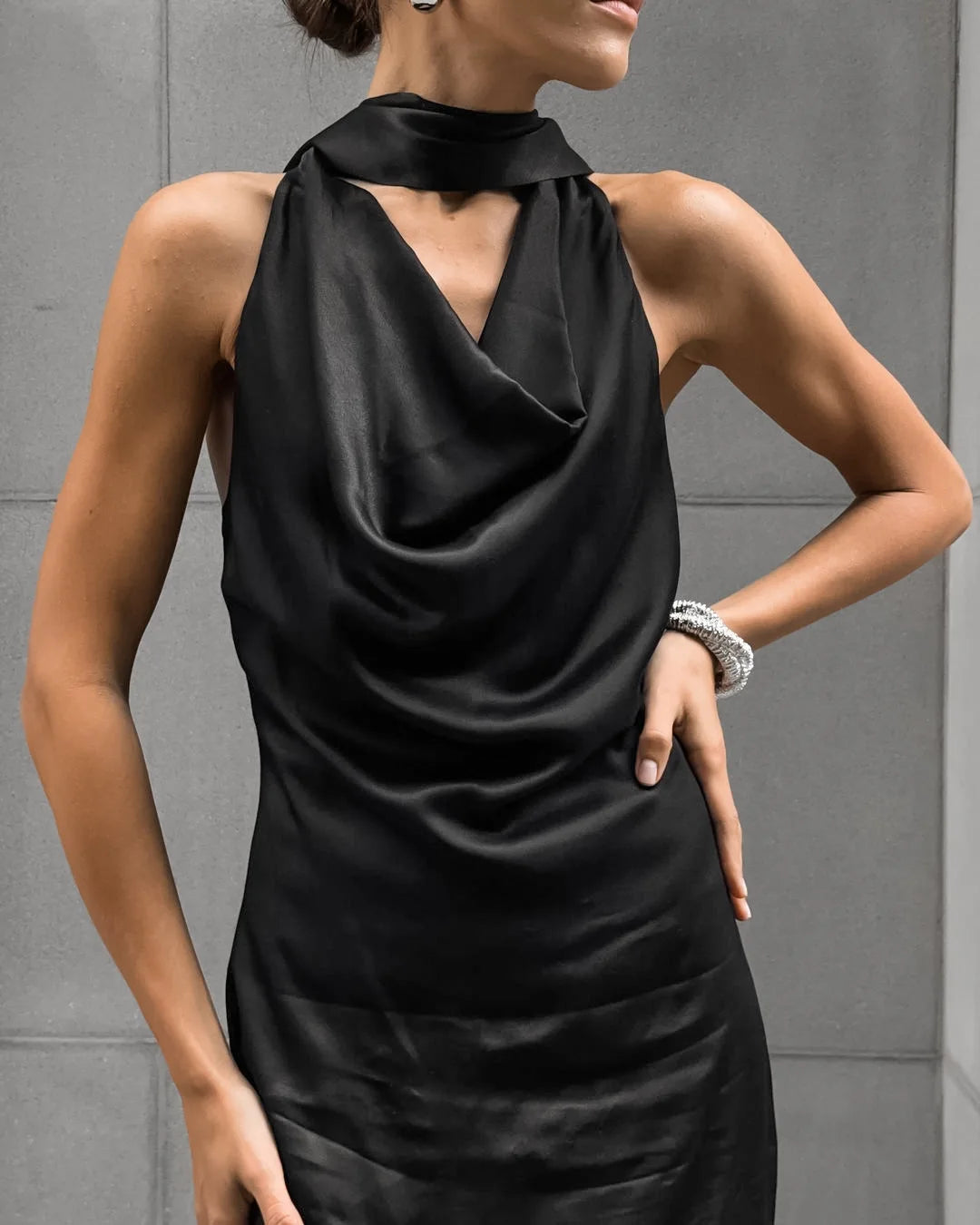 LIZAKOSHT  -  Black Satin Slit Neck Sleeveless Dress Matte Soft Bodycon Long Dress, Off Shoulder Zipper Tie Belt Elegant Party Gown