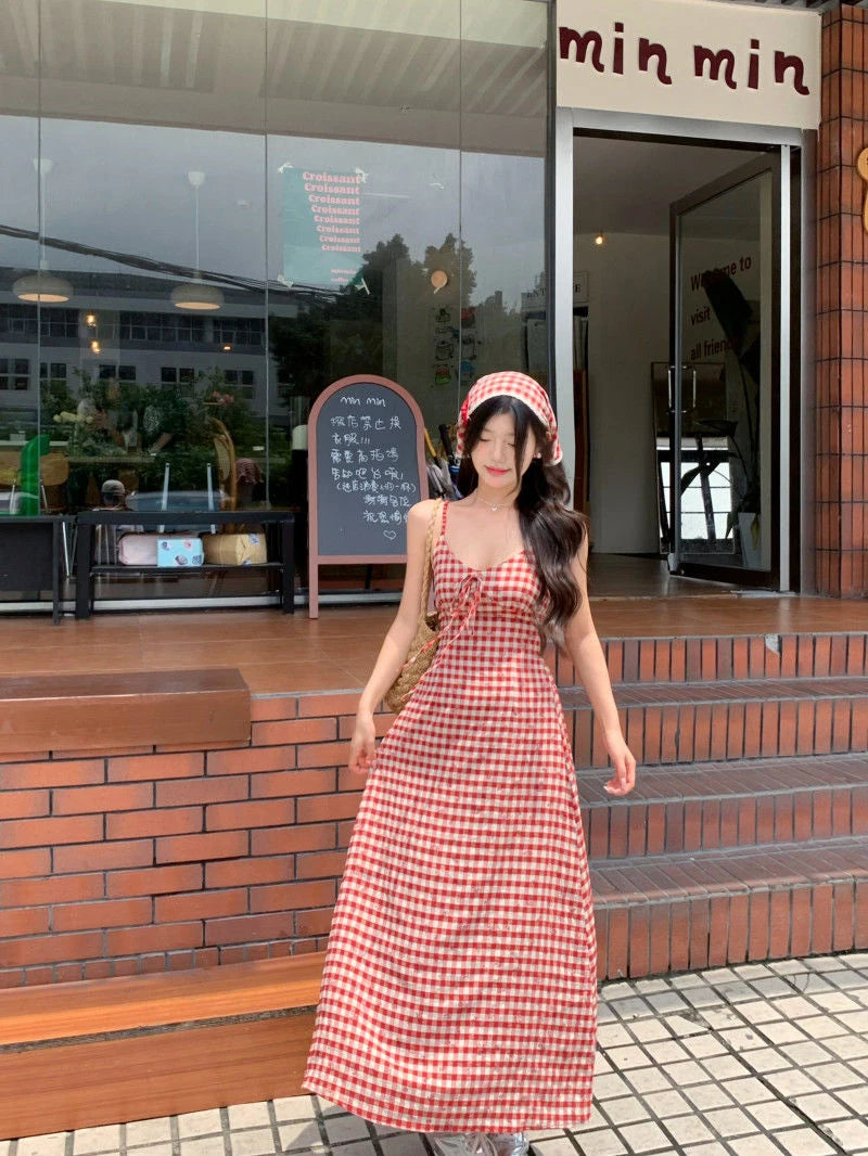 LIZAKOSHT  -  Sexy Backless Red Plaid Dress Women Summer Sweet Skinny Spaghetti Strap Dress Pretty Style Chic Elegant Party Night Vestidos