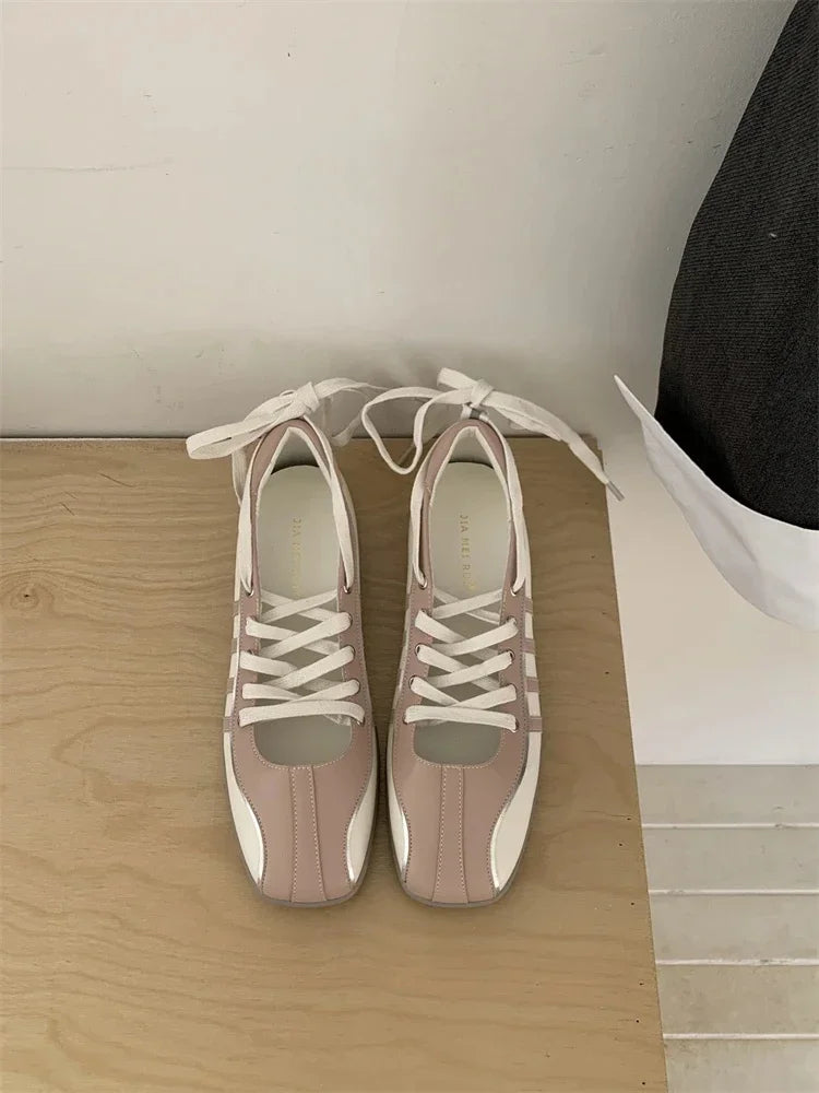 LIZAKOSHT  -   Korean Style Women's Ballet Slippers Spring New Design Sensibility Flat Bottom Tied Shoes Adult Color Block Style