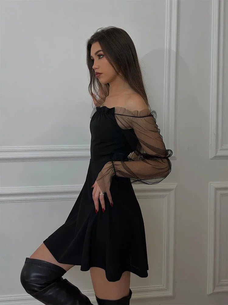 LIZAKOSHT  -  Women Black Gauze Bubble Sleeve Dress Chic Long Sleeves Strapless Off Shoulder A-line Mini Dresses Lady Evening Party Robe