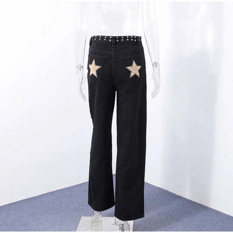 LIZAKOSHT  -  Chic Diamonds Leopard Pentagram Pants For Women Straight-leg Ankle-length Pocket Jeans 2025 Spring Summer Female Casual Trousers