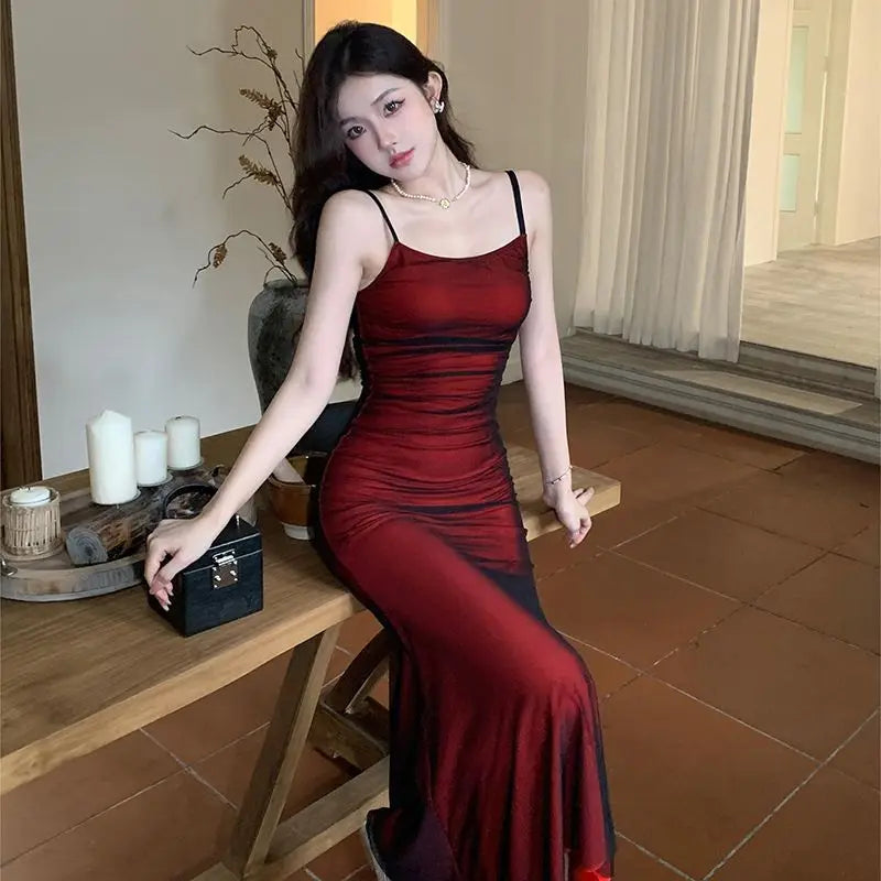 LIZAKOSHT -  French Women's Sleeveless Bodycon Corset Maxi Dress Wine Red Spaghetti Strap Ruched Elegant Evening Party Long Vintage Dresses