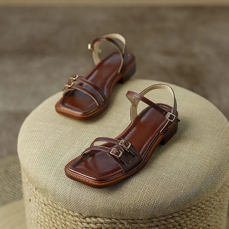 LIZAKOSHT  -  new summer double buckle women sandals retro low heel narrow band gladiator sandalias mujer dress shoes summer footwear
