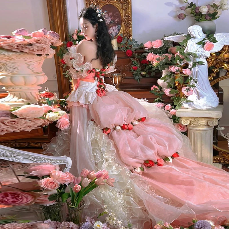 LIZAKOSHT -  vintage flower princess lace boat neck beading rose ruffles dream Palace lace up party Antique tail wedding dress NY