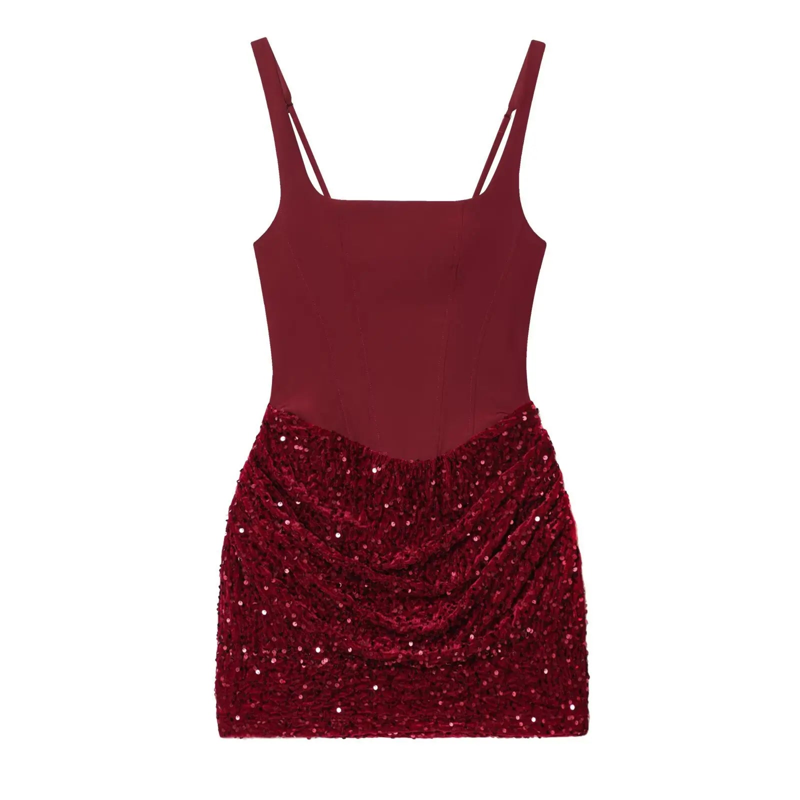 LIZAKOSHT  -  Women Sleeveless Draped Sequin Corset Mini Dress Burgundy