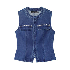 LIZAKOSHT  -  Denim Vests Jackets Autumn Women's 2025 New Slim O-neck Beaded Elegant Women Jackets Chic Street Youth Casual Denim Jacket Vests