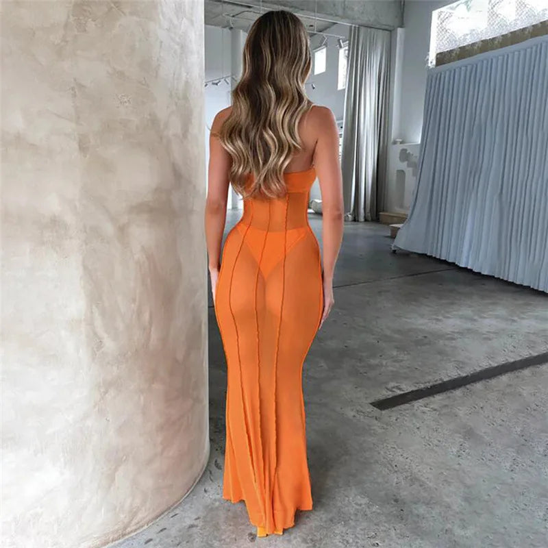 LIZAKOSHT  -  Sexy Adjustable Straps Floral Lace Maxi Dress Elegant Bikini Cover Mesh Bodycon Long Evening Dresses with Metal Decor