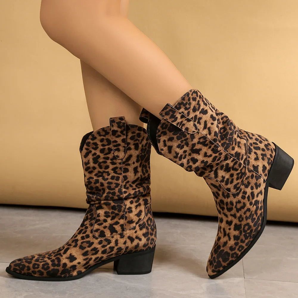 LIZAKOSHT  -  Big Size 42 Vintage Maillard Style Brown Cowboy Boots Women Buckle Belt Retro Black Mid-calf Boots Shoes Winter Western Booties