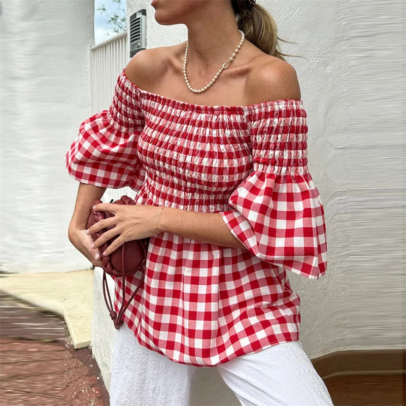 LIZAKOSHT  -  Peplum Blouse 2024 Summer Clothes Red Plaid Print Half Puff Off Shoulder Ruched Shirt y2k Aesthetic Clothing Streetwear