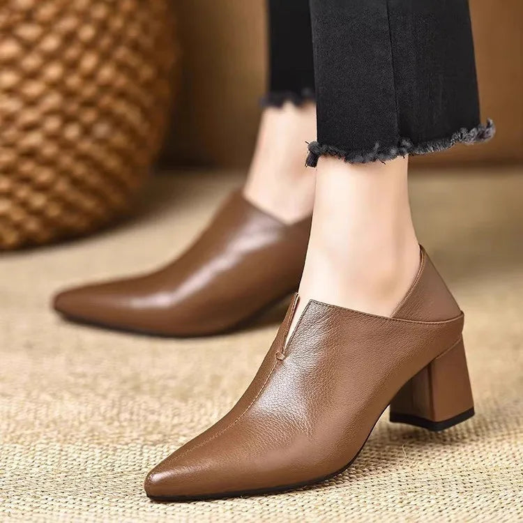 LIZAKOSHT  -  Women's  Pointed Toe Block Heel Pumps Soft Leather Deep Mouth Slip On Shoes Elegant Mid Heel Office Ladies Footwear for Autumn