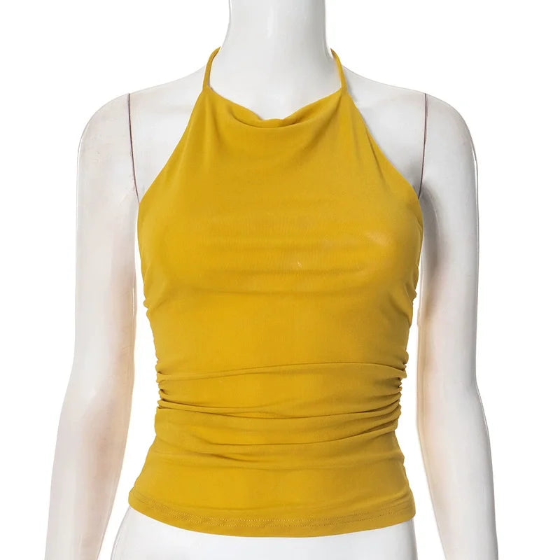 LIZAKOSHT  -  European and American hot girls women's spring summer new solid color sexy backless mesh halterneck top women's 2025
